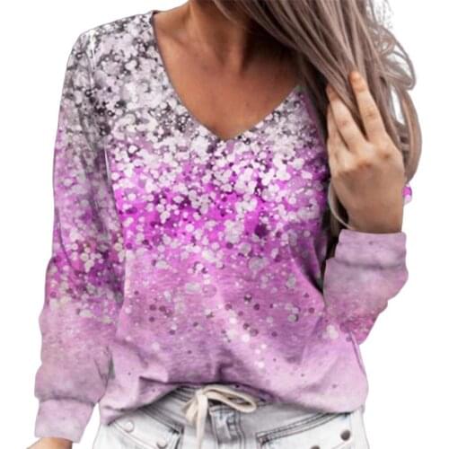 Women T-shirt Casual Floral Print V Neck Autumn Pullover Floral Print Long Sleeve T-shirt Women camisetas de comprida 2021