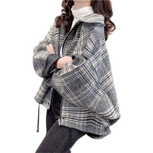 Women Woolen Plaid Short Jacket 2021 Female Autumn Winter New Style Korean Style Loose Wild Hong Kong Retro Tops Woolen Coat 617