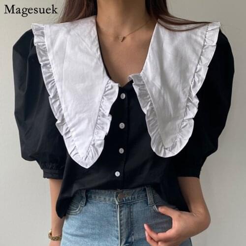 2021 Summer Loose Big Lapel Blouses Women Fashion Sweet Short Sleeve Lace Doll Collar Female Shirts Casual White Black Top 15243