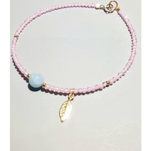 LiiJi Unique Natural Aquamarine Pink Zircon 925 Sterling Silver Gold Color Leaf Charm Bracelet For Women Children