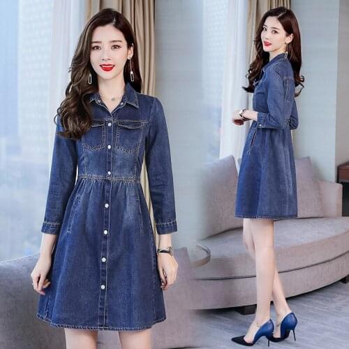 New Spring Autumn Women Dresses Plus Size Turn-Down Collar Collect Waist Solid Long Sleeve Jeans Dress For Women Denim One-Piece