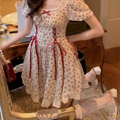 Bella Summer Vintage Floral Dress Lace Up Japanese Casual Kawaii Elegant Mini Dress Short Sleeve Princess Chic Party Sweet Dress