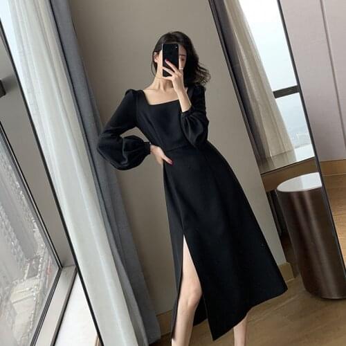 Black Maxi Dress Long Sleeve Square Collar Lantern Sleeve Office Lady Temperament Thin Split Robe Longue Autumn Women-Clothing S