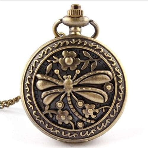 1008) 12 pcs/lot Vintage Floral Dragonfly Pocket Watch Necklace.Large size . free shipping