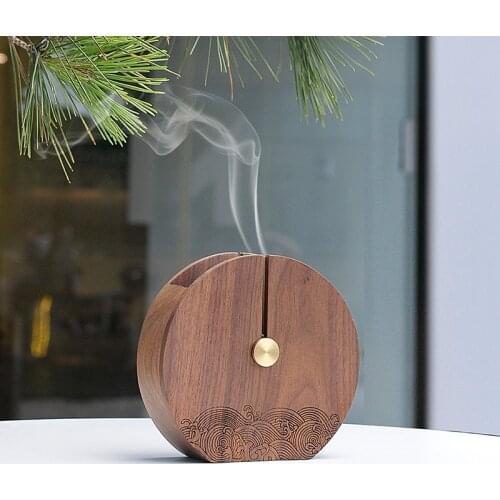 3 In 1 Walnut Wood Incense Burner Pen Stand Vase Incense Coil Copper Stick Holder Agarwood Sandalwood Round Aromatherapy Plate