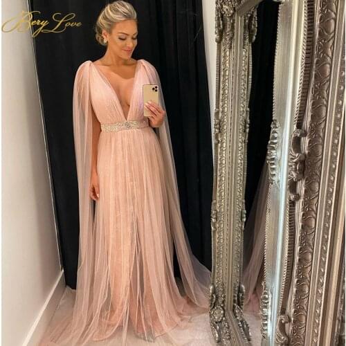 Berylove Pink A line Evening Dress Flowing Long Shawl Tulle Long Prom Gown Shiny Belt Side Slit Party Dress Official vestido
