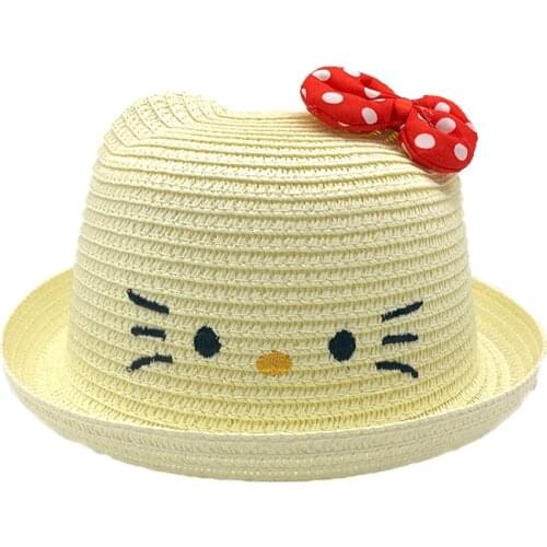Children girl summer straw sun hat cartoon cat embroidery beach hat kids cute baby Visor cap