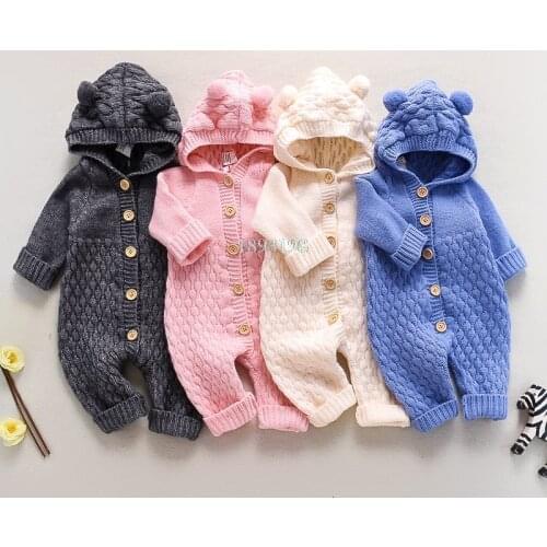 Baby Knitted Romper Spring Autumn Newborn infants Sweaters Cute Warm Climbing Clothes Toddler Kids Hooded Jumpsuits