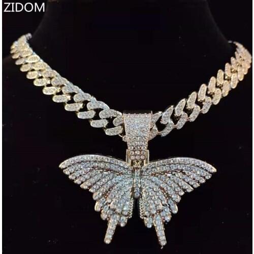 Men Women Hip Hop Butterfly Pendant Necklace with 13mm Miami Cuban Chain Iced Out Bling HipHop Necklaces Fashion Charm Jewelry