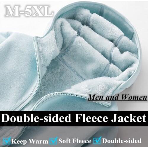Men Womens Double-sided Polar Fleece Jacket Autumn Winter Outdoor Plus Velvet Warm Stand Collar & Hooded Cardigan Fleece Coat