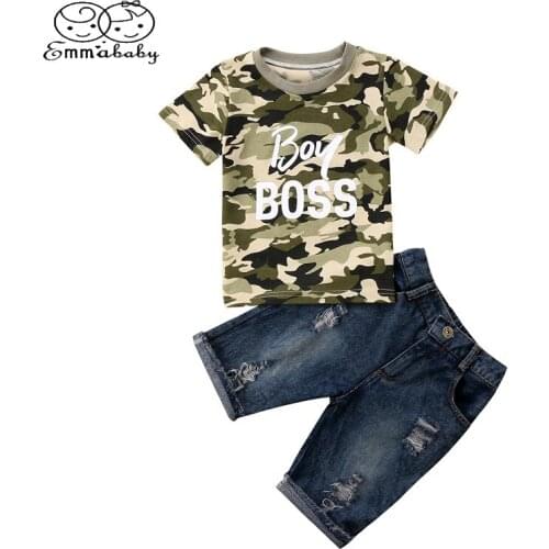 Child Clothing 2pcs Set Newborn Toddler Kid Baby Boy Camo BOSS Print T Shirt Tops Short Sleeve+ Shorts Outfits