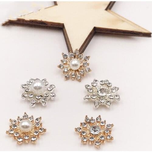 10PCS 16mm Fashion Metal Alloy Gold Silver Imitation Pearl Crystal Rhinestone Flowers Buttons Hair Charm for Jewelry Making