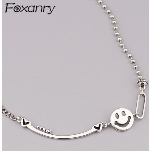 Foxanry 925 Sterling Silver Splicing Chain Necklace New Trendy Hip Hop Vintage Hollow Smiley Face Party Jewelry Gift Wholesale
