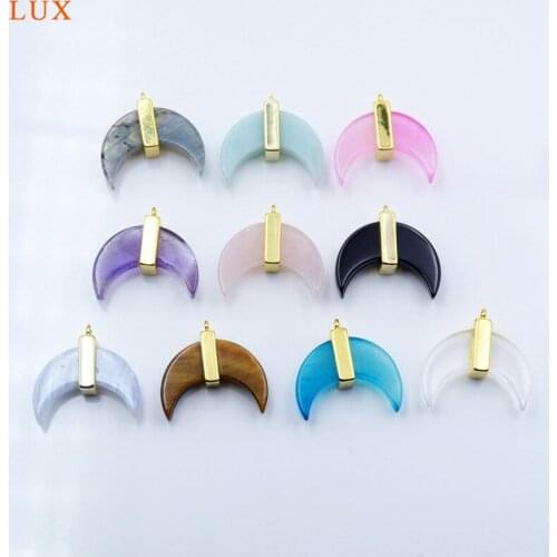 Natural Gems Stone moon pendants Fashion Gold-plated horn charm crystal quartzs amethysts amazonite pendants for necklace making