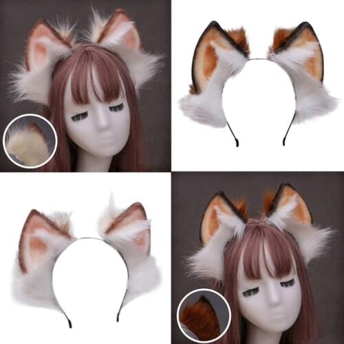 Handmade Faux Fur Kitten Wolf Ears Headband Furry Fluffy Long Plush Animal Hair Hoop Anime Lolita Cosplay Party Costume M7DD