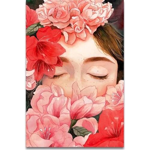 Nordic Floral Pattern Girl Cartoon Portrait Art 5D DIY Poured Glue Diamond Painting Kits Scalloped Edge Decoration Scandinavian