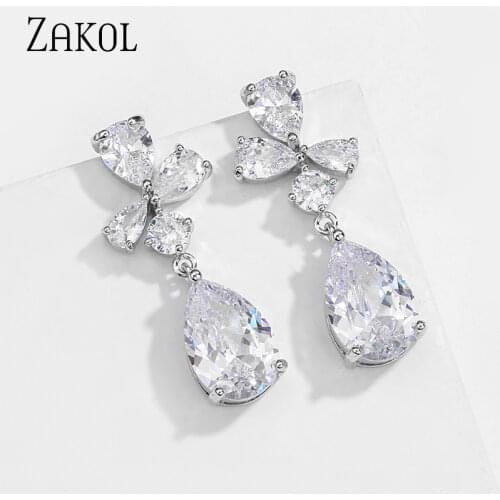 ZAKOL Korean Fashion Luxury Water Drop Cubic Zirconia Dangle Earrings for Women AAA CZ Wedding Party Bridal Jewelry Gifts