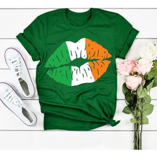 Women St.Patricks Day Prints Short Sleeve O-Neck Tee T-Shirt Tunic Blouse Tops Solid Color Big Lip Printing Lovely Girls Shirt
