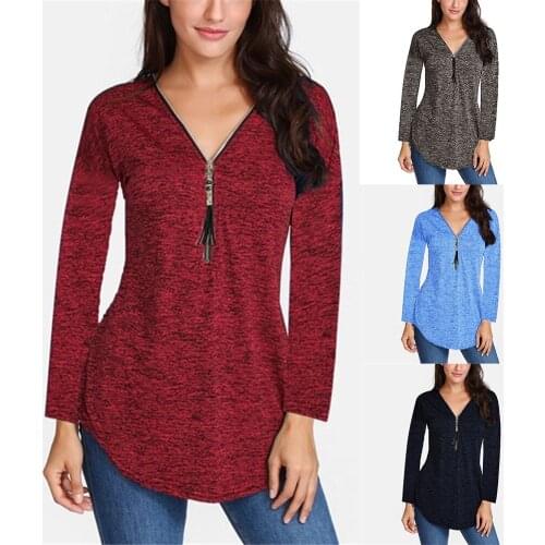 Women Tassel Zipper V Neck Solid Color Long Sleeve Casual Loose T-Shirt Top Loose Solid Summer Sexy Tops 2021 Women Slim Blouse