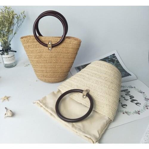2020 New ins ring handle straw woven bucket bag hand woven leisure beach womens bag