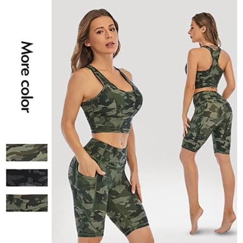 Summer Hot Sale Camouflage Print Pants Pocket High Stretch Sports Fitness Two Piece Set Women MCBP02
