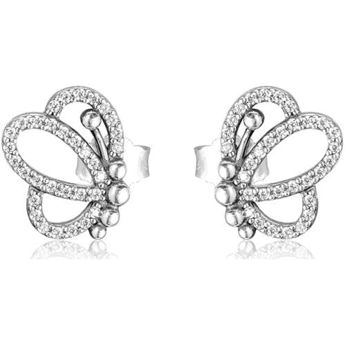 Butterfly Outlines Spring Stud Earrings Jewelry 925 Sterling Silver Earrings for Women Fashion Clear CZ Crystal Women Earrings