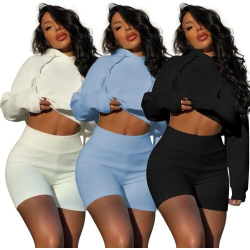 Casual Sportswear Fitness Solid Knitted Rib Tracksuit Women Long Sleeve Hooded Crop Top + Biker Shorts Two Piece Set Jogging