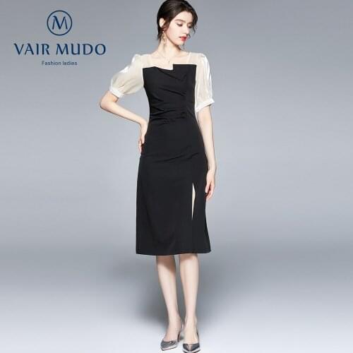 Women Elegant Dress Hepburn Style Puff Sleeve Square Neck Black FemaleSummer Mingyuan long Skirt Split Dress Black Sexy Y-113