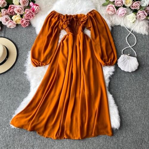 Autumn Women Slash Neck Long Sleeve Midi Dress Female Yellow/Red/Pink High Waist Ruffle Big Swing Chiffon Dresses Fashion 2021