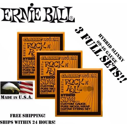 3 Packs! Original Ernie Ball 2252 Classic Pure Nickel Wrap Hybrid Slinky Electric Guitar Strings 9-46