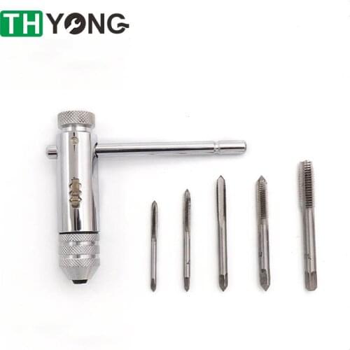 5Pcs Adjustable 3-8mm T-Handle Ratchet Tap Wrench With M3-M8 Machine Screw Thread Metric Plug Machinist Tapping Tool