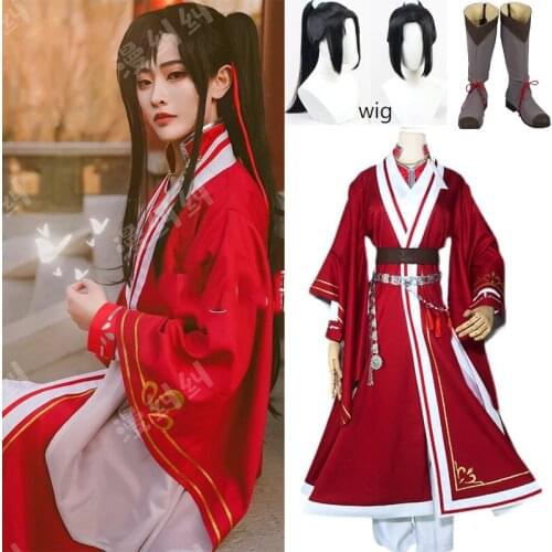 Anime Tian Guan Ci Fu Cosplay Costumes Hua Cheng Cosplay San Lang Red Sets Hua Cheng Wigs Party Costumes Wig Shoes for Halloween