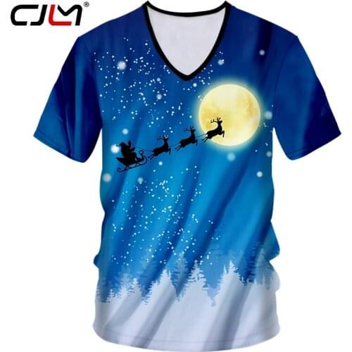 CJLM Christmas Theme 3D Printed Moon Background V Neck Tshirt Santa Claus And Elk Fashion Leisure Mens T Shirt 6XL