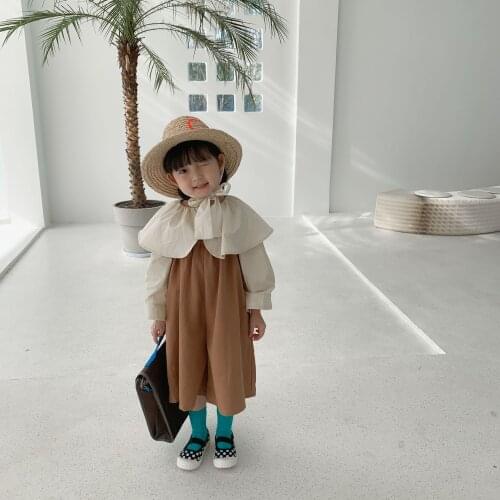 Korean Childrens Clothing Autumn 2021 Girls Cute Baby Shirt Solid Color Suspender Pants Two Piece Set Korean Casual Suit
