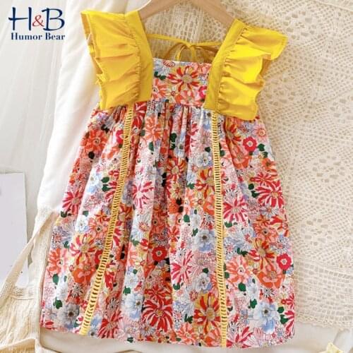 Humor Bear Girls' Dresses Summer Flying-Sleeve Lotus Leaf sleeve Cotton Patchwork Sweet Childrens Princess Dress For 2-6Y