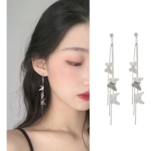 Long Tassel Butterfly Earrings For Women Gold/Silver Color Metal Elegant Hollow Piercing Oreille Korean Dangling Earrings