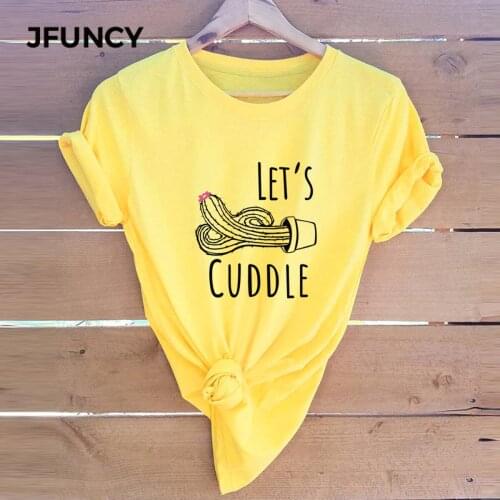JFUNCY Cartoon Cactaceae Print T Shirt Women Short Sleeve Loose Tshirt Woman Summer Cotton Tee Shirts Plus Size Female Tops