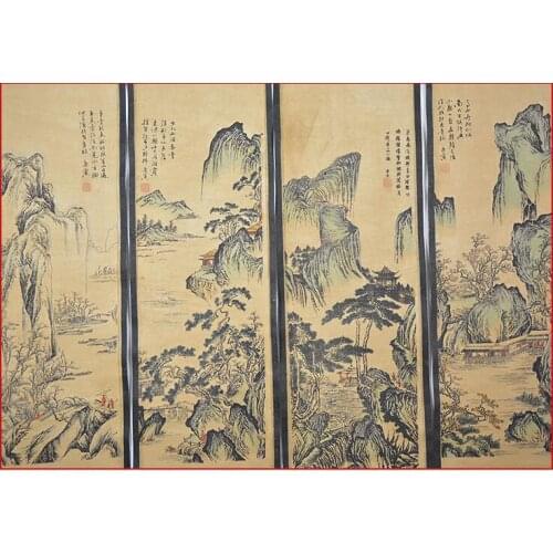 China classical four screen porch decoration painting Tang landscape painting framed antique paintings of ancient calligraphy