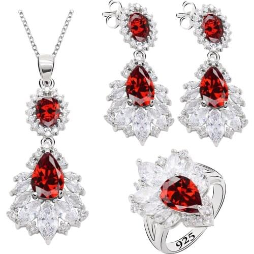 Classic Red Zircon Silver Color Jewelry Sets for Women Wedding Bithday Gift Earrings Necklace Pendant Ring