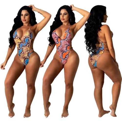 Echoine Women Serpentine Print Swimsuit Sports Bikini Halter Hollow Out Fitness Bathing Suit Beachwear Sexy jump suits Tracksuit