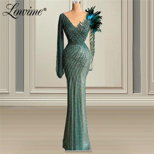 Lowime Feathers Beads Formal Evening Dresses Dubai Design Long Sleeves Mermaid Party Gowns For Weddings Robes Arabic Prom Dress