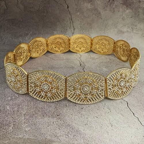 Moroccan Style Rhinestone Caftan Belt for Bride Full Crystal Wedding Belt with Gold Arabian Royal Waist Chain