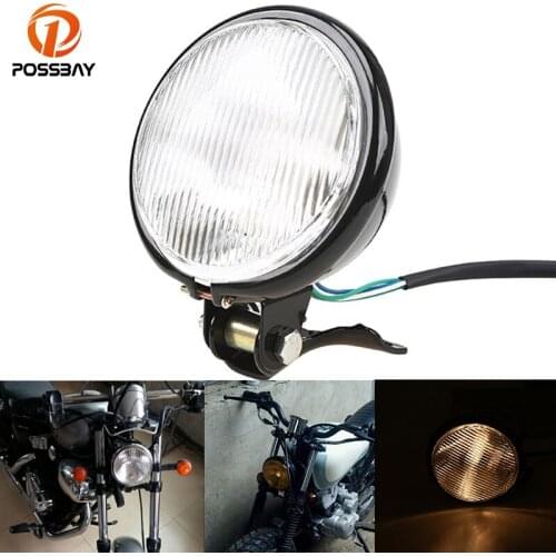 POSSBAY Retro 5" Motorcycle Headlight Head Lamp Amber Halogen Front Light 12V for Honda Suzuki Yamaha Kawasaki Custom Motor Bulb