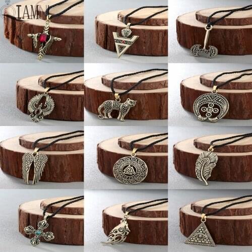 QIAMNI Punk Gothic Men Multiple Style Viking Norse Amulet Pendant Necklace Slavic Talisman Runes Rope Choker Jewelry Gift Charm