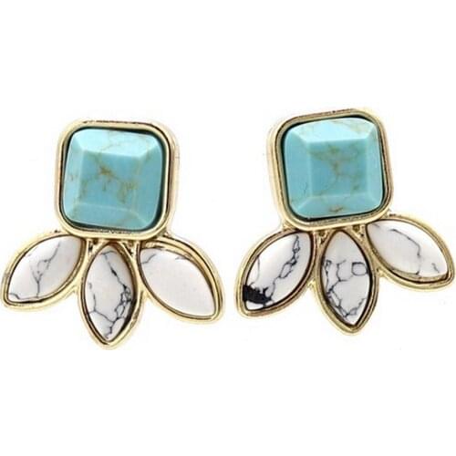 Fashion Simple Leaf Shape Natural Stone Stud Turquoised Earring Vintage Western For Women Female Jewelry Party Gifts Gold Plated
