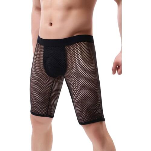 Mens Lingerie Hollow Out Mesh Shorts See-through Low Rise Elastic Waistband Short Trousers Sports Fitness Bottom Underpants