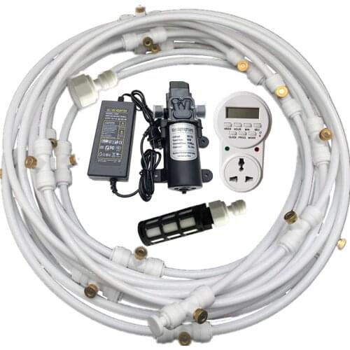 H24 Greenhouse Garden Patio Misting Cooling System 12V Water Pump Sets Fog Nozzle For Outdoor 8M-18M Timer Smart Irrigation Kits