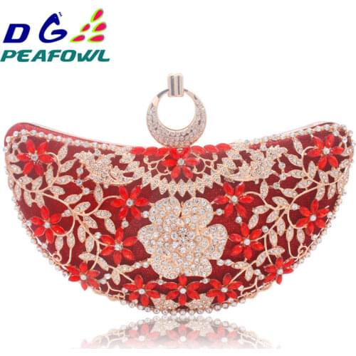DG Peafowl Rings Moon Hollow Out Floral Lady Clutch Bag Red Dimond Crystal Toiletry Handbag Day Phone Interior Package Purse
