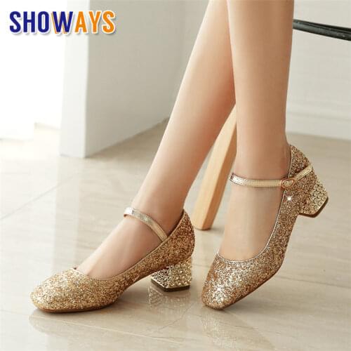 Sweet Gold Bling Women Pumps Stud Mid Block Heels Square Toe Mary Janes Sequined Cloth Casual Wedding Crystal Ankle Strap Shoes