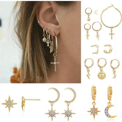 Vintage Bohemian Little Moon Stars Cross Crystal Dangle Earrings Women Trendy Piercing Ear Studs Cuff Circle Jewelry Earring